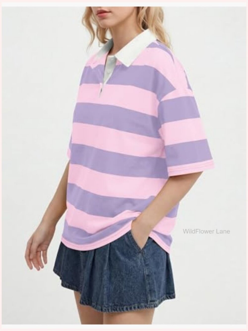 Oversized Striped Rugby Polo Shirt V-Neck Short Sleeve Summer Top - Picture 2 of 5